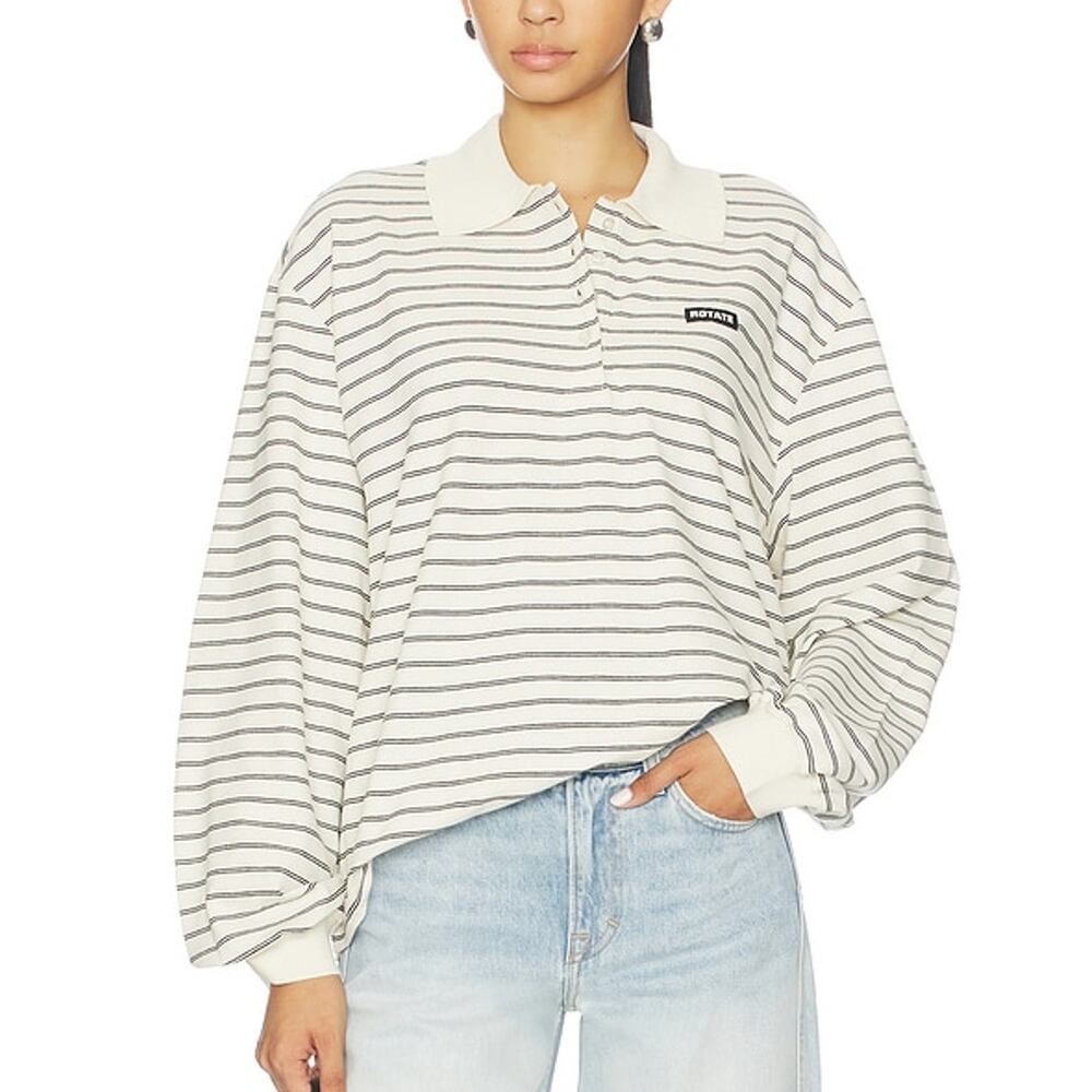 Rotate Striped Beige Pique Polo Shirt Size L